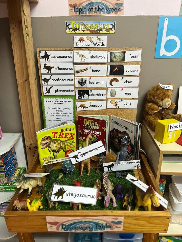 Indoor learning station with the dinosaurs topic of the week