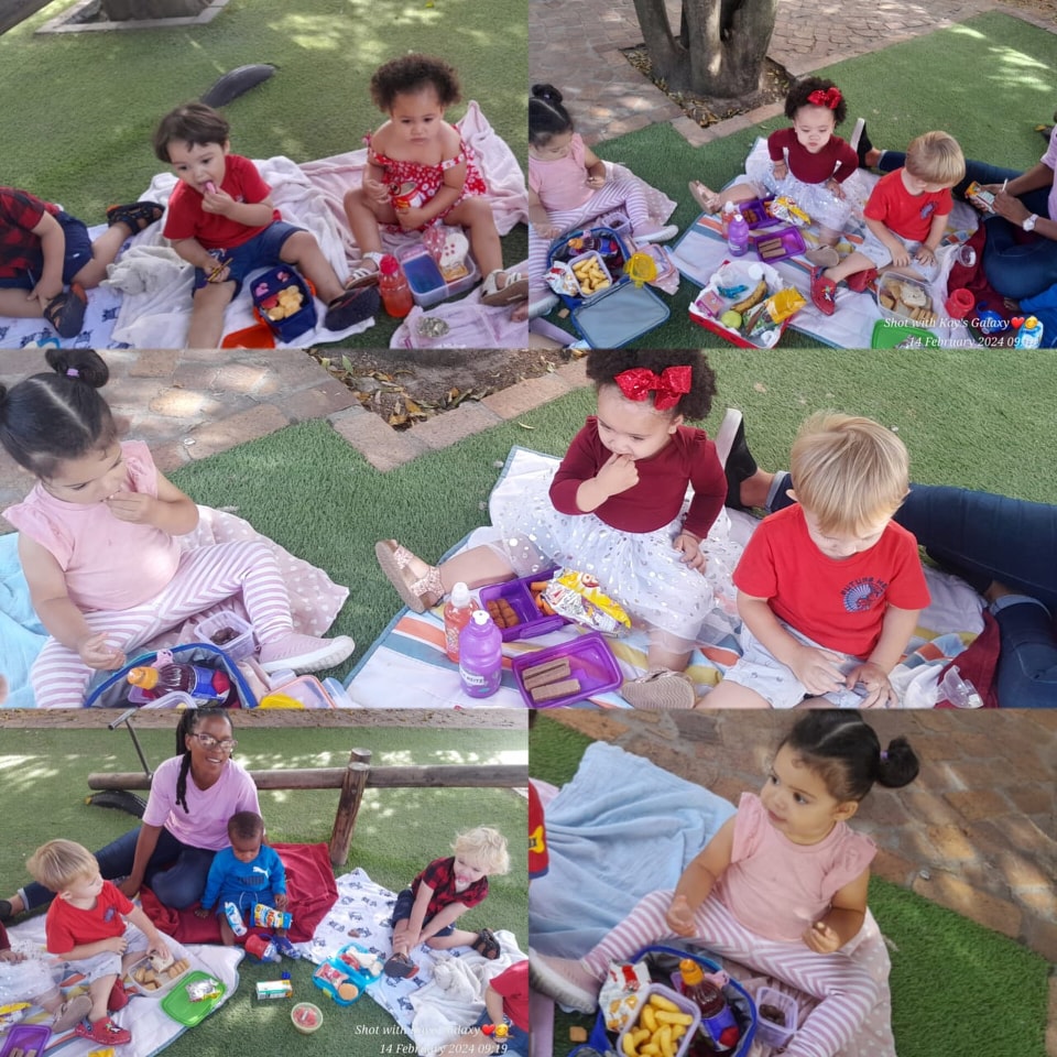 Toddlers enjoying picnic day on the grass at Koningspikkies Zambezi